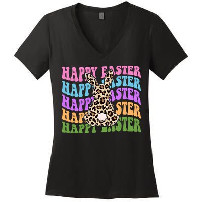 Happy Easter Cheetah Bunny Colorful Retro Women's V-Neck T-Shirt