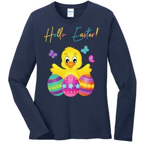 Hello Easter Cute Chick Holiday Ladies Long Sleeve Shirt