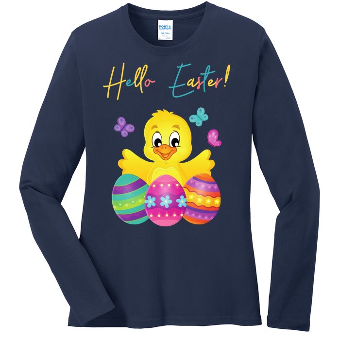 Hello Easter Cute Chick Holiday Ladies Long Sleeve Shirt