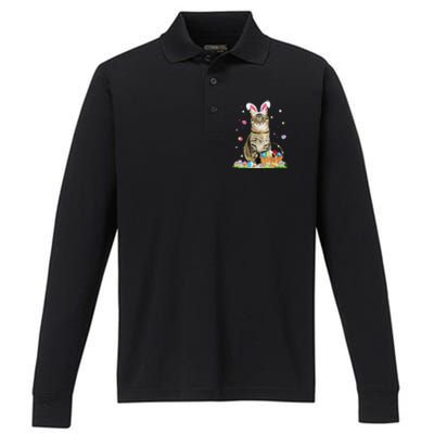 Happy Easter Cute Bunny Cat Eggs Basket Easter Cat Lovers Performance Long Sleeve Polo