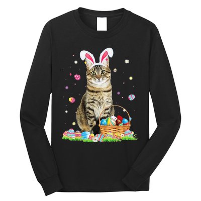 Happy Easter Cute Bunny Cat Eggs Basket Easter Cat Lovers Long Sleeve Shirt