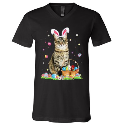 Happy Easter Cute Bunny Cat Eggs Basket Easter Cat Lovers V-Neck T-Shirt