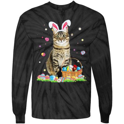 Happy Easter Cute Bunny Cat Eggs Basket Easter Cat Lovers Tie-Dye Long Sleeve Shirt