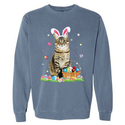 Happy Easter Cute Bunny Cat Eggs Basket Easter Cat Lovers Garment-Dyed Sweatshirt