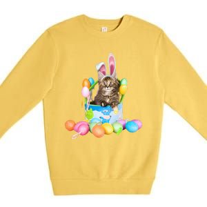 Happy Easter Cute Bunny Cat Eggs Basket Maine Coon Kitten Premium Crewneck Sweatshirt