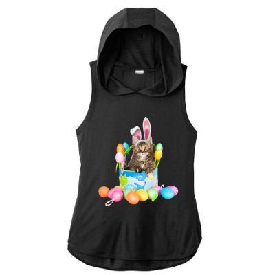 Happy Easter Cute Bunny Cat Eggs Basket Maine Coon Kitten Ladies PosiCharge Tri-Blend Wicking Draft Hoodie Tank