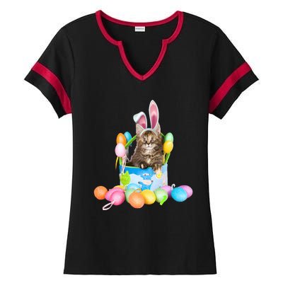 Happy Easter Cute Bunny Cat Eggs Basket Maine Coon Kitten Ladies Halftime Notch Neck Tee