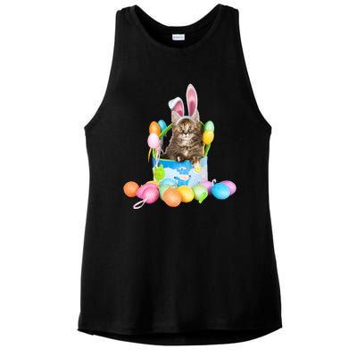 Happy Easter Cute Bunny Cat Eggs Basket Maine Coon Kitten Ladies PosiCharge Tri-Blend Wicking Tank