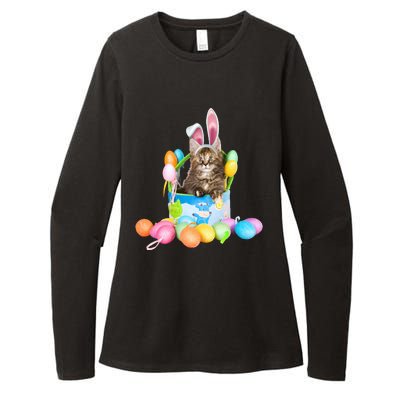 Happy Easter Cute Bunny Cat Eggs Basket Maine Coon Kitten Womens CVC Long Sleeve Shirt