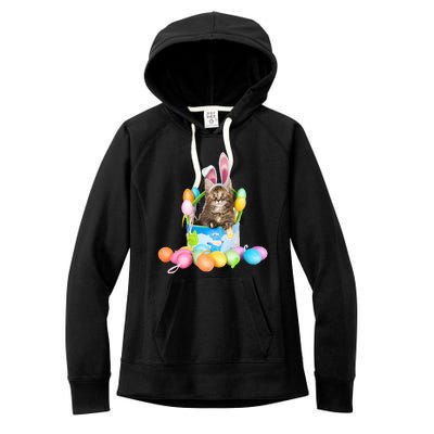 Happy Easter Cute Bunny Cat Eggs Basket Maine Coon Kitten Women's Fleece Hoodie