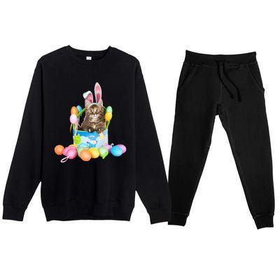 Happy Easter Cute Bunny Cat Eggs Basket Maine Coon Kitten Premium Crewneck Sweatsuit Set