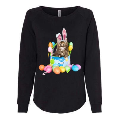 Happy Easter Cute Bunny Cat Eggs Basket Maine Coon Kitten Womens California Wash Sweatshirt