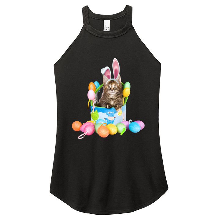 Happy Easter Cute Bunny Cat Eggs Basket Maine Coon Kitten Women's Perfect Tri Rocker Tank