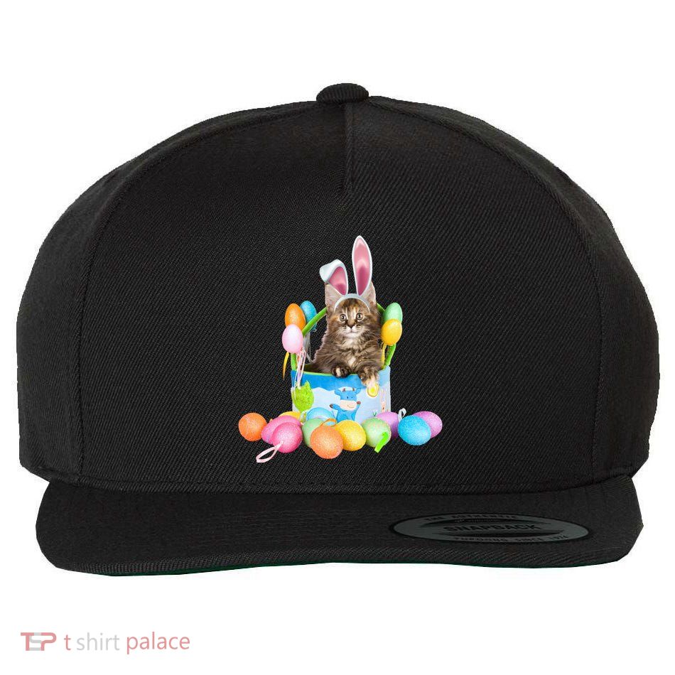 Happy Easter Cute Bunny Cat Eggs Basket Maine Coon Kitten Wool Snapback Cap