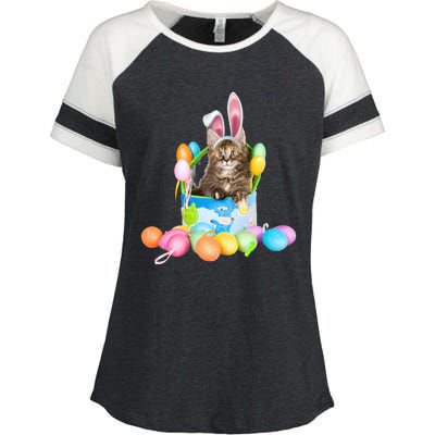 Happy Easter Cute Bunny Cat Eggs Basket Maine Coon Kitten Enza Ladies Jersey Colorblock Tee