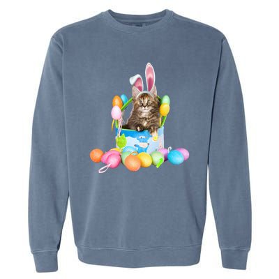 Happy Easter Cute Bunny Cat Eggs Basket Maine Coon Kitten Garment-Dyed Sweatshirt