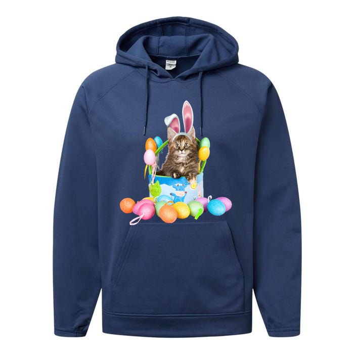 Happy Easter Cute Bunny Cat Eggs Basket Maine Coon Kitten Performance Fleece Hoodie