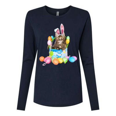 Happy Easter Cute Bunny Cat Eggs Basket Maine Coon Kitten Womens Cotton Relaxed Long Sleeve T-Shirt