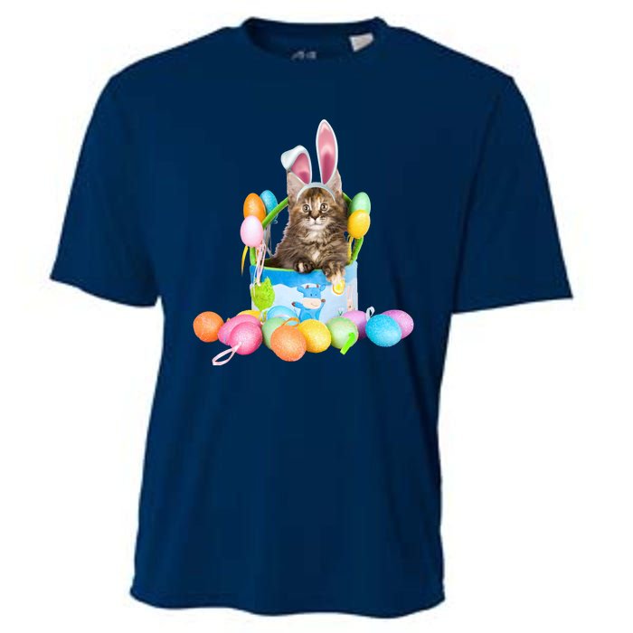 Happy Easter Cute Bunny Cat Eggs Basket Maine Coon Kitten Cooling Performance Crew T-Shirt