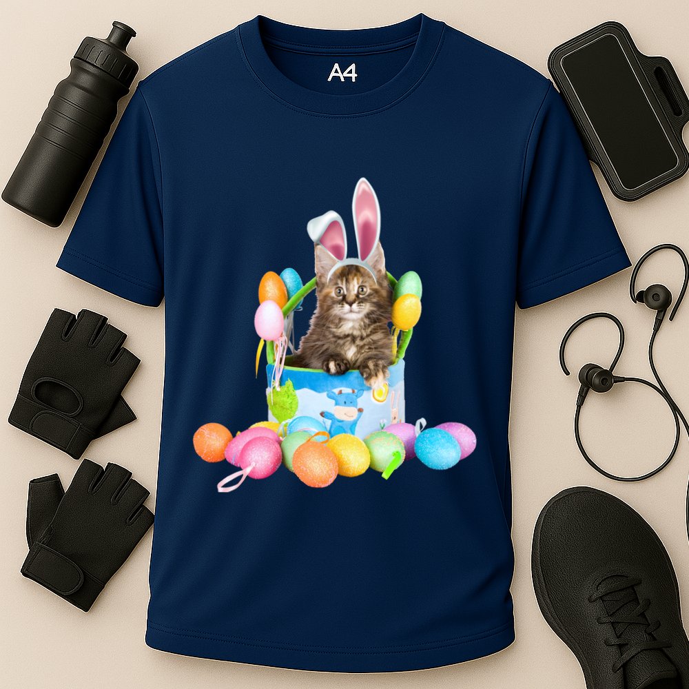 Happy Easter Cute Bunny Cat Eggs Basket Maine Coon Kitten Cooling Performance Crew T-Shirt