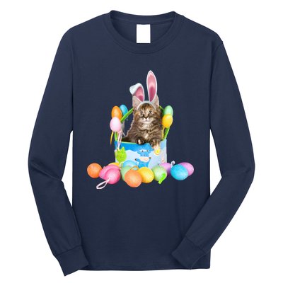 Happy Easter Cute Bunny Cat Eggs Basket Maine Coon Kitten Long Sleeve Shirt