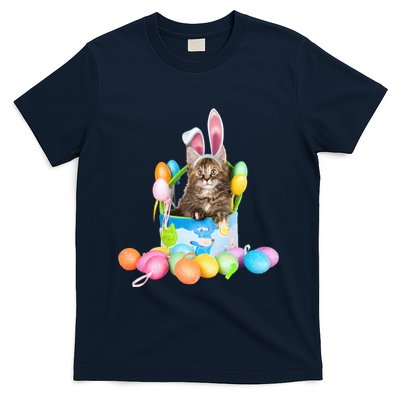 Happy Easter Cute Bunny Cat Eggs Basket Maine Coon Kitten T-Shirt