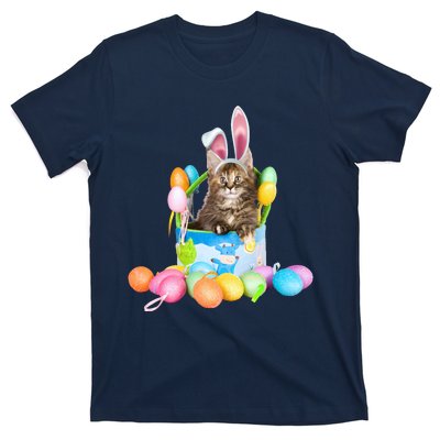 Happy Easter Cute Bunny Cat Eggs Basket Maine Coon Kitten T-Shirt