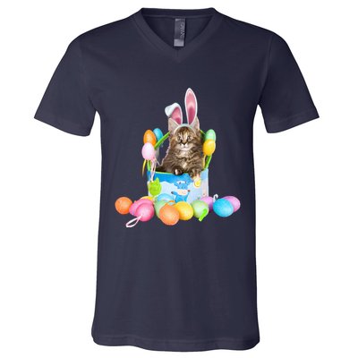Happy Easter Cute Bunny Cat Eggs Basket Maine Coon Kitten V-Neck T-Shirt