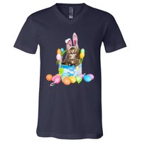 Happy Easter Cute Bunny Cat Eggs Basket Maine Coon Kitten V-Neck T-Shirt