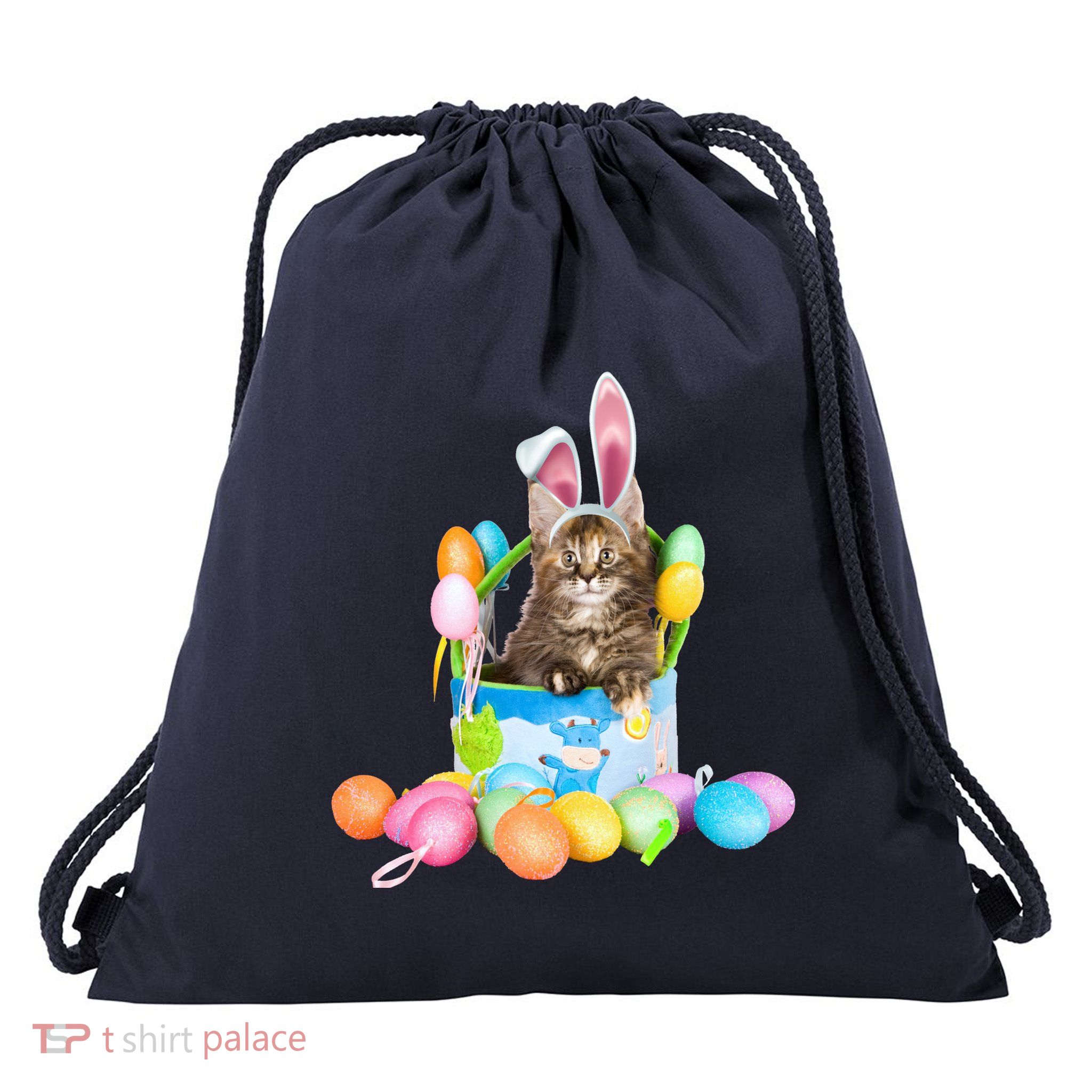 Happy Easter Cute Bunny Cat Eggs Basket Maine Coon Kitten Drawstring Bag