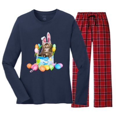 Happy Easter Cute Bunny Cat Eggs Basket Maine Coon Kitten Women's Long Sleeve Flannel Pajama Set 