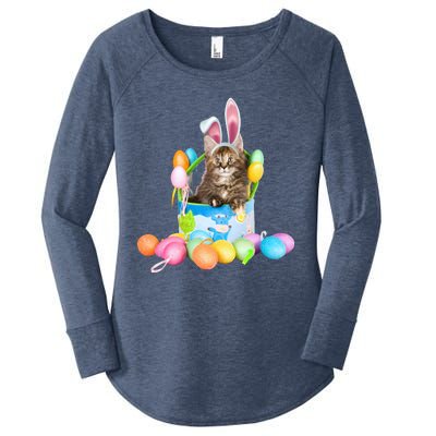 Happy Easter Cute Bunny Cat Eggs Basket Maine Coon Kitten Women's Perfect Tri Tunic Long Sleeve Shirt