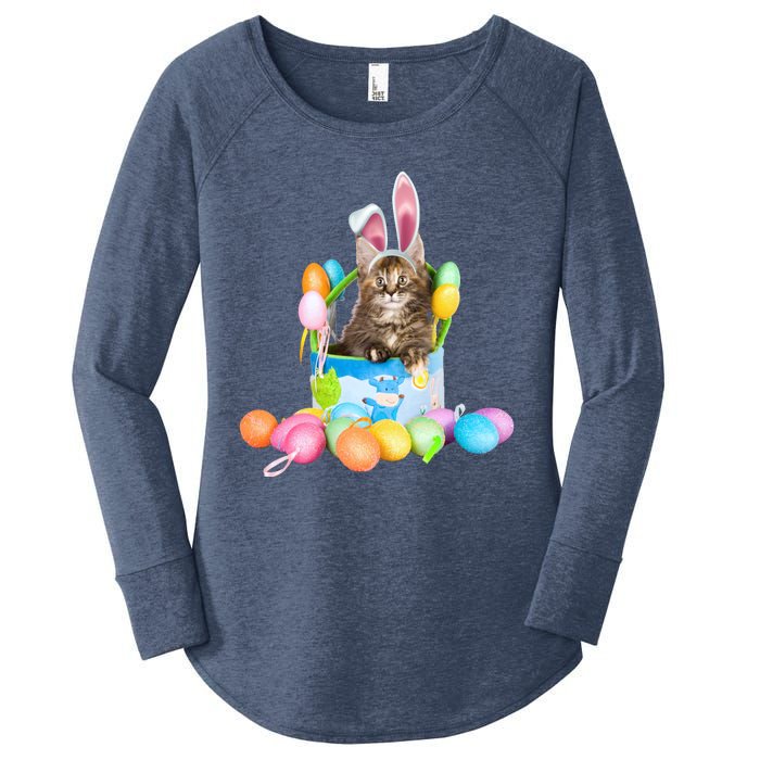 Happy Easter Cute Bunny Cat Eggs Basket Maine Coon Kitten Women's Perfect Tri Tunic Long Sleeve Shirt