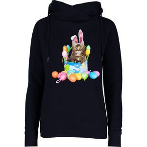 Happy Easter Cute Bunny Cat Eggs Basket Maine Coon Kitten Womens Funnel Neck Pullover Hood