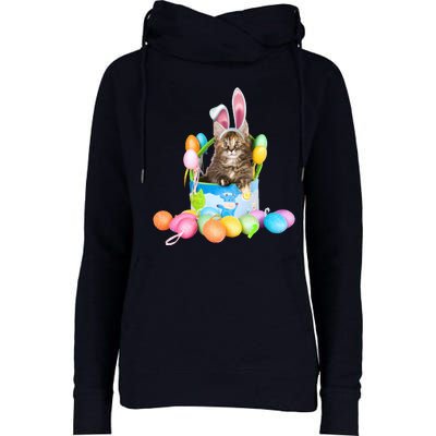 Happy Easter Cute Bunny Cat Eggs Basket Maine Coon Kitten Womens Funnel Neck Pullover Hood