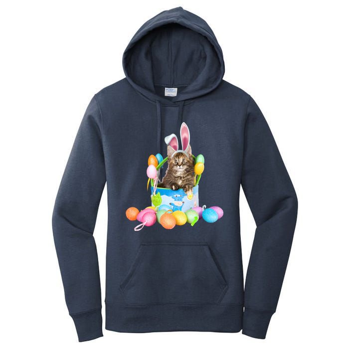 Happy Easter Cute Bunny Cat Eggs Basket Maine Coon Kitten Women's Pullover Hoodie