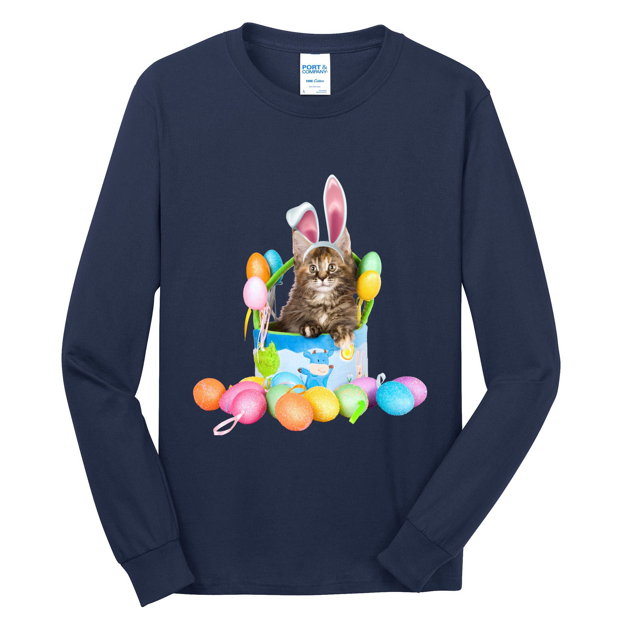 Happy Easter Cute Bunny Cat Eggs Basket Maine Coon Kitten Tall Long Sleeve T-Shirt