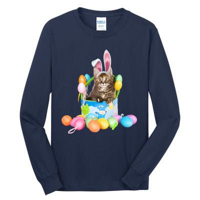 Happy Easter Cute Bunny Cat Eggs Basket Maine Coon Kitten Tall Long Sleeve T-Shirt