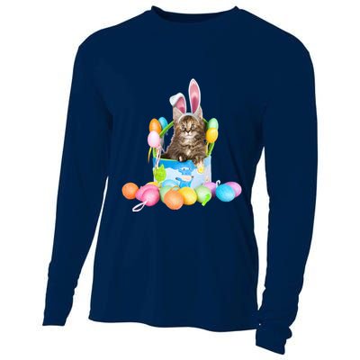 Happy Easter Cute Bunny Cat Eggs Basket Maine Coon Kitten Cooling Performance Long Sleeve Crew