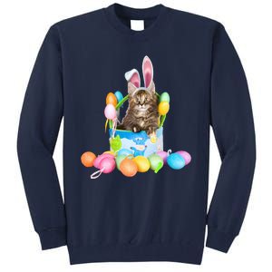 Happy Easter Cute Bunny Cat Eggs Basket Maine Coon Kitten Tall Sweatshirt