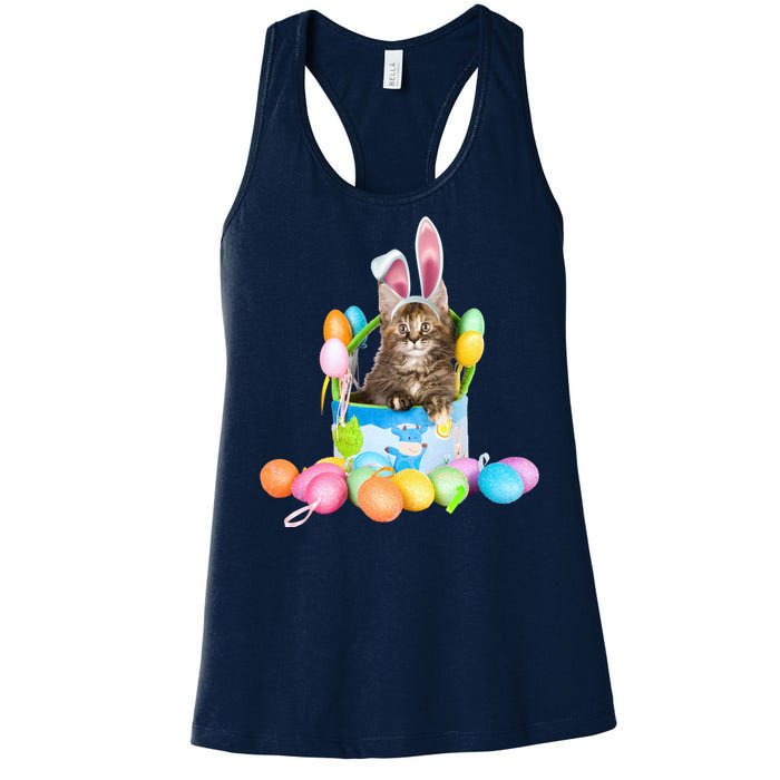 Happy Easter Cute Bunny Cat Eggs Basket Maine Coon Kitten Women's Racerback Tank