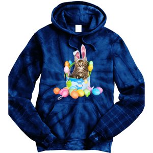 Happy Easter Cute Bunny Cat Eggs Basket Maine Coon Kitten Tie Dye Hoodie