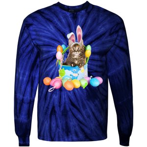 Happy Easter Cute Bunny Cat Eggs Basket Maine Coon Kitten Tie-Dye Long Sleeve Shirt