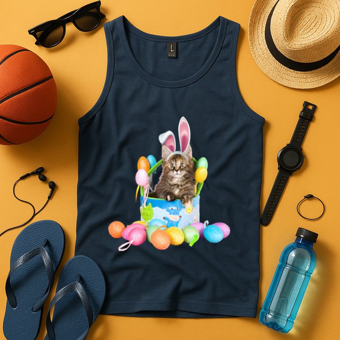 Happy Easter Cute Bunny Cat Eggs Basket Maine Coon Kitten Tank Top
