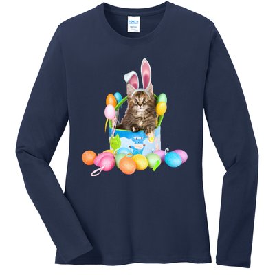 Happy Easter Cute Bunny Cat Eggs Basket Maine Coon Kitten Ladies Long Sleeve Shirt