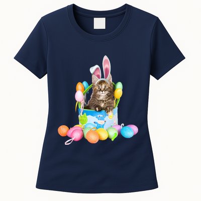 Happy Easter Cute Bunny Cat Eggs Basket Maine Coon Kitten Womens T-Shirt