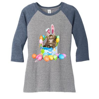 Happy Easter Cute Bunny Cat Eggs Basket Maine Coon Kitten Women's Tri-Blend 3/4-Sleeve Raglan Shirt