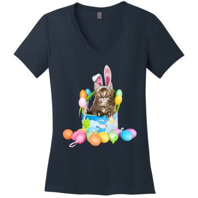 Happy Easter Cute Bunny Cat Eggs Basket Maine Coon Kitten Women's V-Neck T-Shirt