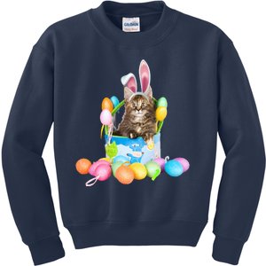 Happy Easter Cute Bunny Cat Eggs Basket Maine Coon Kitten Kids Sweatshirt