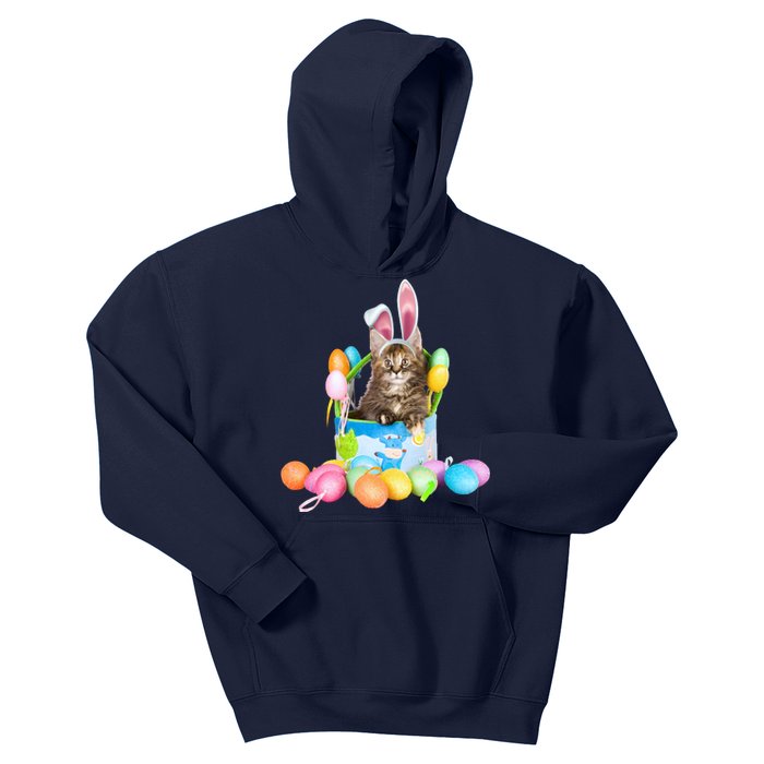 Happy Easter Cute Bunny Cat Eggs Basket Maine Coon Kitten Kids Hoodie